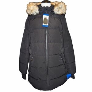 Nautica black puffer winter coat fur hood long size large